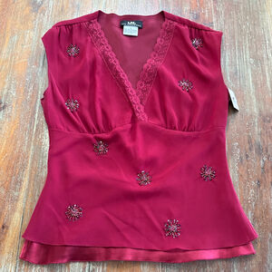 I.N. San Francisco Vintage Y2K Red Beaded Lace Trim V-Neck Blouse - Size Small